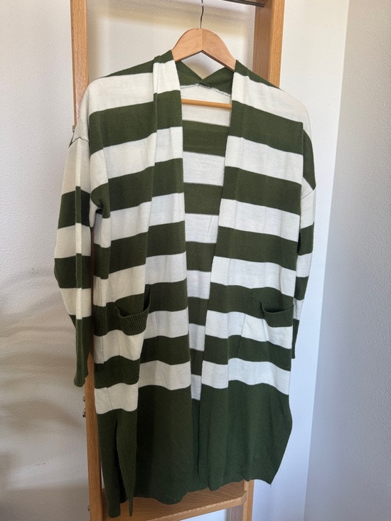 Sweaters - EUC Striped Open-Front Cardigan Sweater - Olive & Cream Acrylic Nylon pockets